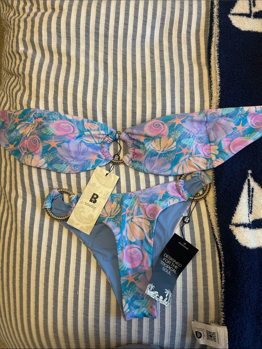 Blackbough Blue Floral-Trim Bikini Bottom